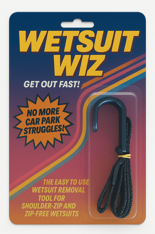 Wetsuit Wiz packaging with text and a wetsuit removal tool on a blue and orange background